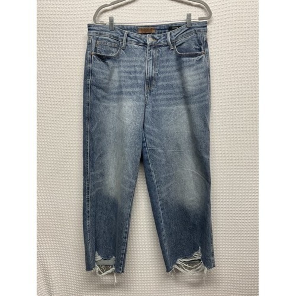Judy Blue Wide Crop Blue Med Wash High Rise Distressed Jeans Women 14W China‎